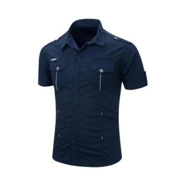 Imagem de Camisa Safari Masculina 100% Algodão De Manga Curta Casual Tática Carg