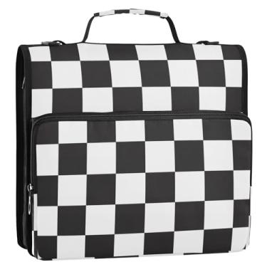 Imagem de Bolsa organizadora de fichário quadrado preto e branco com zíper, pasta de 3 anéis com alça e alça de ombro para escola ou escritório, armazenamento de documentos com vários bolsos