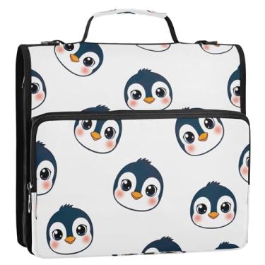 Imagem de Linda bolsa organizadora de fichário com zíper branco de pinguins de desenho animado com alça de ombro, pasta de portfólio de 3 anéis de 3 cm D comporta 500 folhas para escola, escritório, viagens