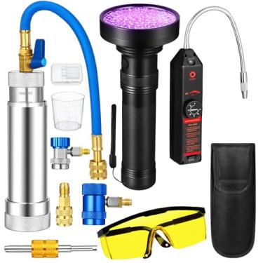 Imagem de Tellegloww Kit detector de vazamento AC, R1234yf R134a R410a Kit injetor de tinta UV de óleo AC Ferramenta de detecção de vazamento de refrigerante acoplador rápido lateral baixo mini adaptador