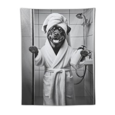 Imagem de Rottweiler com loção tapeçaria preto branco chuveiro cena engraçada animal de estimação arte pendurar na parede decoração de casa alegre para banheiro, quarto, vibração alegre, tapeçaria 76 x 101 cm