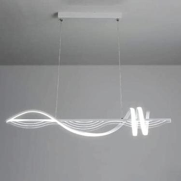 Imagem de Luminária pendente linear branca em espiral de metal com cúpula de acrílico, lustre de 39,4 cm de comprimento para sala de jantar, luminárias de suspensão LED modernas, luminárias ultrafinas