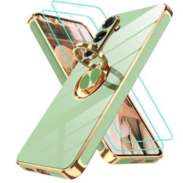 Imagem de Gritup Capa para Galaxy S25 FE | 2 peças protetoras de tela | Suporte magnético de rotação de 360°, borda dourada revestida de TPU macio à prova de choque para Samsung S25 FE, verde ervilha
