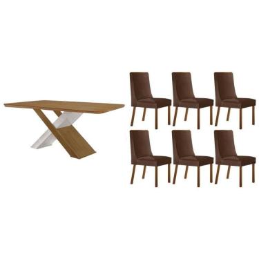 Imagem de Sala Jantar Mesa Imperatriz Tampo Curvo 180cm+6 Cadeiras Dakota Madeira Naturale/Off Wite - Capuccino/Suede Marrom - Rufato