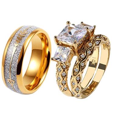 Imagem de ringheart 2 anéis para casal, três pedras, banhado a ouro amarelo, corte princesa, conjunto de alianças de casamento femininas, aço de titânio, alianças de casamento masculinas, women size6 & men