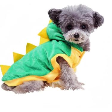 Imagem de Fantasia de dinossauro para cães, roupas para animais de estimação, moletom com capuz e design pontiagudo, roupa engraçada para cães pequenos e médios e gatos (grande)