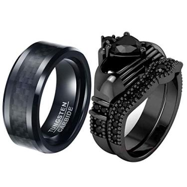 Imagem de ringheart 2 anéis para ele e ela anéis de casal Claddagh anel preto CZ conjuntos de alianças de casamento femininas aço titânio masculino alianças de casamento, women size6 & men size9, Metal Cristal
