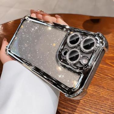 Imagem de Capa de silicone transparente com glitter de luxo para iPhone 13 12 11 14 15 16 17 Pro Max Air 16 Plus com revestimento em TPU à prova de choque e airbag (para iPhone 16 Pro Max/Prata)
