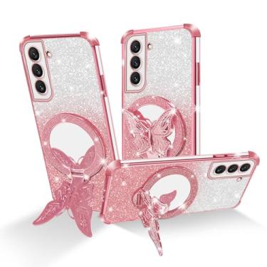 Imagem de Easyscen Capa para celular Samsung Galaxy S22 Plus (6,7 polegadas), com suporte de borboleta e 4 cantos de airbag protetora, capa protetora à prova de choque de luxo feminina com glitter - ouro rosa
