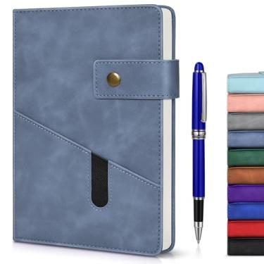 Imagem de Caderno de diário forrado azul A5 com caneta de luxo, caderno de couro personalizado de 15,8 x 21,3 cm com bolso reforçado, 200 páginas, papel grosso de 100 g/m² para escola, viagem, escritório, casa