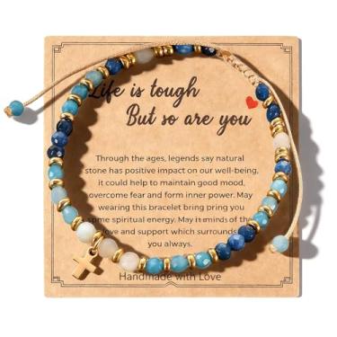 Imagem de Embtrem Pulseira de cruz para mulheres, pulseiras de pedra de cura Life is Tough But So Are You, joia inspiradora, presente para mulheres