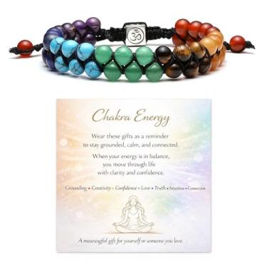 Imagem de Long tiantian Pulseira feminina de 7 chacras com contas coloridas estilo chacra com cordão ajustável, joia de equilíbrio simbólico com cartão de significado, Large, Pedra, Sem Pedra Preciosa