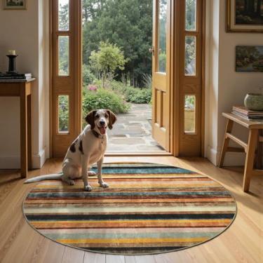 Imagem de jinchan Tapete redondo de 1,5 m, moderno, listrado, lavável, macio, grande, cobertor, antiderrapante, colorido, para quarto, cozinha, sala de jantar, escritório, pinho amanhecer