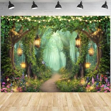 Imagem de Cenário de floresta de conto de fadas, floresta encantada mágica verde primavera decoração fotográfica, natureza, borboleta, floral, fundo mágico, decorações de festa, adereços de estúdio de cabine de
