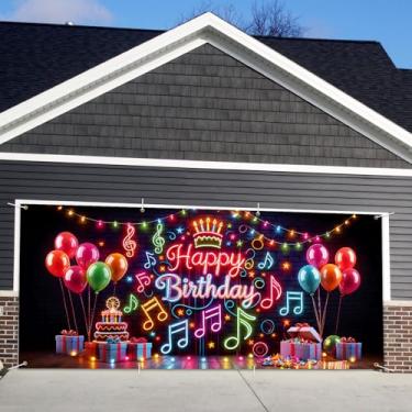 Imagem de Capa de porta de garagem de aniversário, cenário fotográfico de faixa de feliz aniversário, fundo de festa para decoração de parede interna e externa (música, feliz aniversário, 1,8 x 3 m)