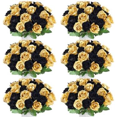 Imagem de 90 peças de flores artificiais rosa ouro preto, rosas de seda sintética, buquê de rosas realistas para aniversário, chá de bebê, aniversário, formatura, centros de mesa, decorações de ano novo, dia