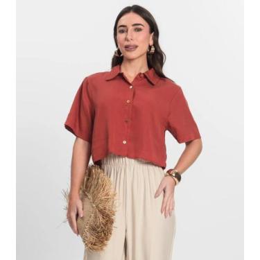 Imagem de Camisa Feminina Manga Curta Com Gola Endless Marrom, M, Marrom