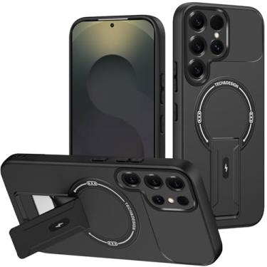 Imagem de POYUFRG Capa magnética para Samsung Galaxy S26 Ultra/S26 Plus/S26, capa de proteção de câmera fina fosca com capa de suporte dobrável, preta, S26