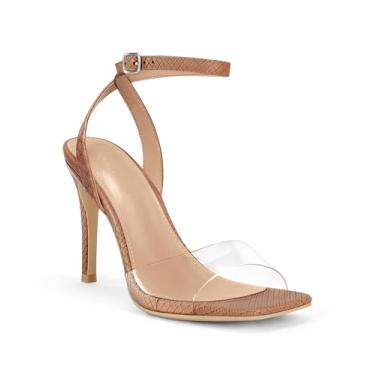 Imagem de Coutgo Sandálias femininas de salto transparente bico quadrado tira no tornozelo sexy salto alto stiletto sapatos sociais, Camelo, 8.5