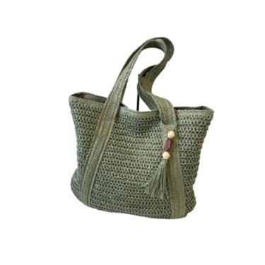Imagem de Bolsa feminina elegante de tecido de palha feminina para férias na praia viagens casuais bolsas de ombro retrô, Verde, One Size