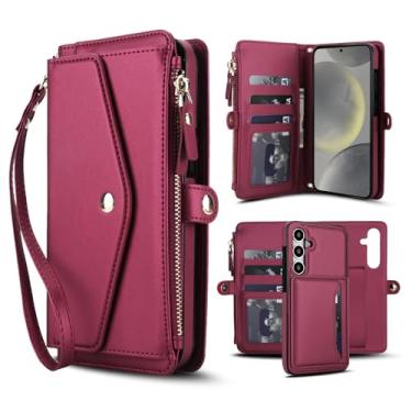 Imagem de Capa carteira para Samsung Galaxy S24 FE, capa flip magnética destacável com compartimentos para cartões, bloqueio RFID, suporte e alça de pulso, capa protetora para celular (magenta)