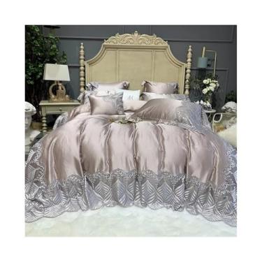 Imagem de Conjunto de capa de edredom de cetim de algodão egípcio 1000TC de luxo com borda bordada de renda requintada capa de edredom, lençol de cama e fronhas (tamanho king 220 * 240 cm 4 peças)