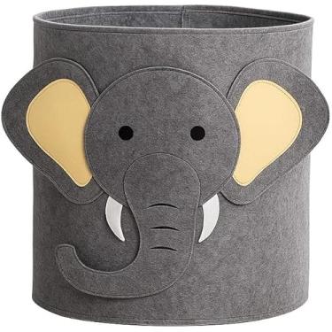 Imagem de Cesto Organizador Infantil Dobrável em Formato de Elefante, Cinza com Detalhes Amarelos, 35x35x35cm, Poliéster Resistente, Porta Brinquedos e Roupas
