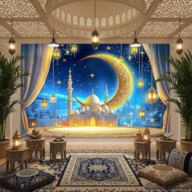 Imagem de JAWO Faixa de fundo Ramadã Eid Mubarak de 1,8 x 1,5 m, cenário fotográfico do Ramadã Mubarak, lanterna noturna, lua, estrela, castelo islâmico, muçulmano, material de decoração de festa, banner