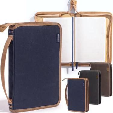 Imagem de LOCHBY Capa planejadora de diário de campo | tela encerada resistente à água | Laço para caneta | Caderno Tomoe River incluído | Perfeito para viagens, arte, Bullet Journal (azul-marinho, A5)