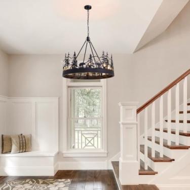 Imagem de Lustres rústicos, lustre de chifres pretos, luminárias pendentes rústicas com design de urso e veado, altura ajustável, lustres de estilo fazenda de 45 cm (17,7") para sala de jantar e sala