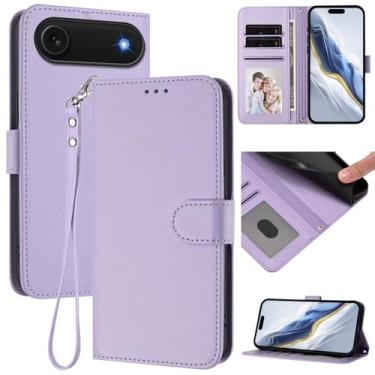 Imagem de Capa carteira para iPhone Air, capa fina de couro com compartimentos para cartões, alça de pulso e suporte, capa protetora à prova de choque para homens e mulheres (roxo claro)