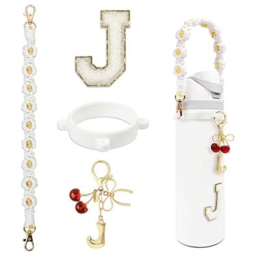 Imagem de BydGxy Amuleto de laço de fita de cereja para Owala FreeSip & Tumbler, acessórios de alça de garrafa de água iniciais personalizados, presente de estilo preppy (branco) - J