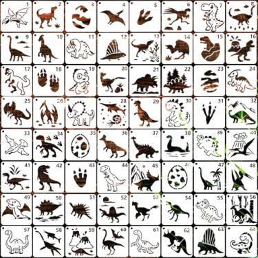 Imagem de 64 peças de estênceis e modelos de dinossauro para pintura, modelo reutilizável de 7,6 cm para artesanato, decoração de móveis de parede de madeira, materiais de arte de Páscoa