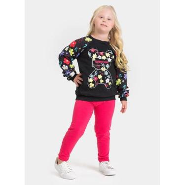 Imagem de Conjunto Inverno Menina Preto Blusão Raglan e Legging Urso Florido - M