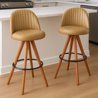 Imagem de Kit 2 Banquetas Giratória Com Assento Estofado E Base Em Madeira Castanho – Lara Exclusiva Courino Durango Kaki