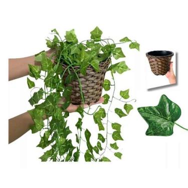 Imagem de Arranjo com 3 Trepadeiras Artificiais e Vaso Trançado Marrom, Folhas d
