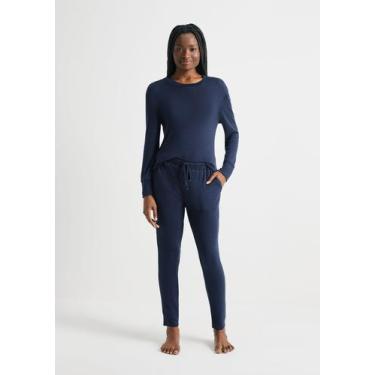 Imagem de Pijama Feminino Longo Em Tricô - Hering, P, Azul marinho