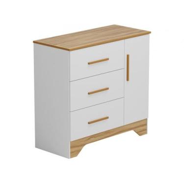 Imagem de Cômoda Infantil Retrô Peroba MDF Branco Amêndoa 1 Porta Lisa, Branco e