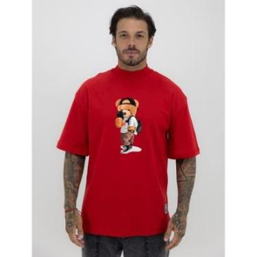 Imagem de Camiseta Camisa Oversized Gola Alta Estampa Teddy Urso Selfie Streetwear Algodão Premium Vermelho-Masculino