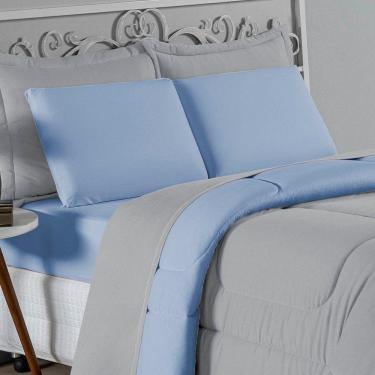 Imagem de Kit Edredom Dupla Face + Jogo De Lençol Solteiro Nobre 5 Peças Malha 100% Algodão - Cinza / Azul-bebê