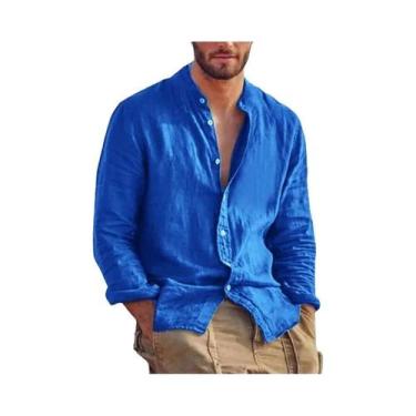 Imagem de Camisa De Linho Masculina De Manga Longa, Cor Sólida, Casual, Leve, Re