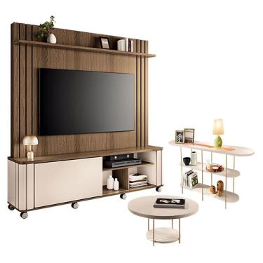 Imagem de Estante Home Theater Trinus Castanho Off White Com Mesa De Centro Sky E Aparador Infini...