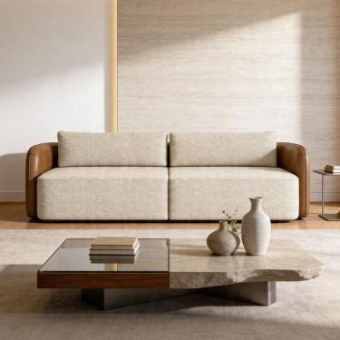 Imagem de Sofá 3 Lugares Sala Living Orgânico 220cm Oregon K01 Couríssimo Whisky Linho Champanhe...