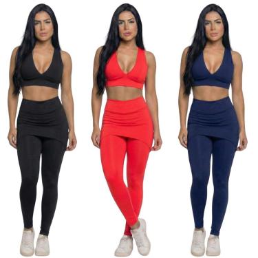 Imagem de KIT 3 Conjunto Top Bojo e Calça Saia Bella Fiore Tapa Bumbum Roupa Para Academia Fitnes...