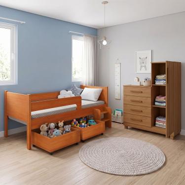 Imagem de Quarto Infantil com Cama Luna Plus e Cômoda Versátil MDP MDF Marrom Nature e Savana Luna