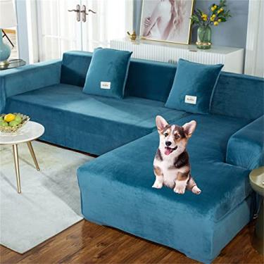 Imagem de Capa de sofá seccional, capas deslizantes de veludo espessas para sofá, cama antiderrapante e elástica para sofá-cama Housse Divan Protetor de sofá em forma de L para 1, 2, 3, 4 lugares, azul lago, 4 lugares, 235-300 cm-1 peça