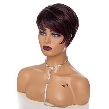 Imagem de Perucas femininas sintéticas lisas mistas perucas estilo perucas curtas para mulheres negras cabelo resistente ao calor perucas de cabelo humano natural livre (compra a granel: 1 peça, cor: T1B/bordô)