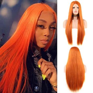 Imagem de Perucas femininas sintéticas afro crespo cor laranja ondulado natural peruca longa para mulheres negras e brancas cabelo de fibra de alta temperatura Perucas de cabelo humano (cor: laranja liso, comprimento esticado: 61 cm)
