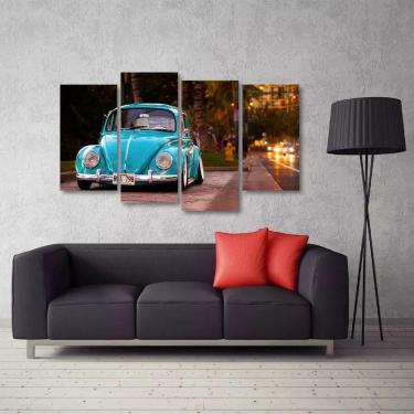 Imagem de Quadro Decorativo Fusca Azul Vintage Sala Em Tecido 4 Peças
