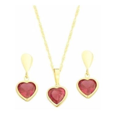 Imagem de Kit Colar Cordão Corrente Pingente+ Brincos Coração Ouro 18k